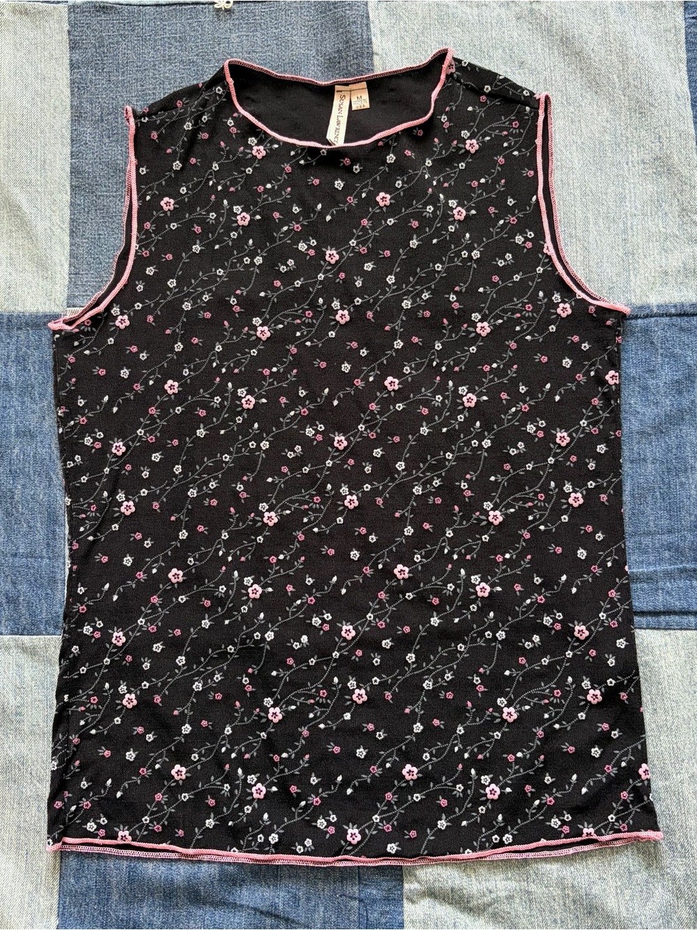 vintage susan lawrence black tank top pink floral muscle sleeveless high neck M